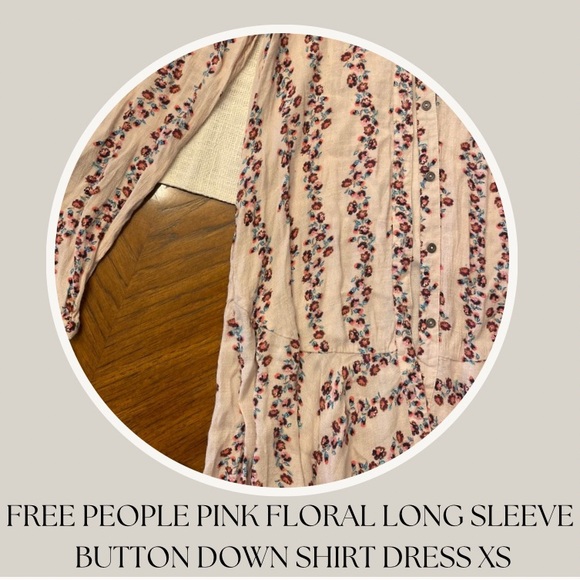 FREE PEOPLE PINK FLORAL LONG SLEEVE 
BUTTON DOWN SHIRT DRESS XS - Picture 1 of 5